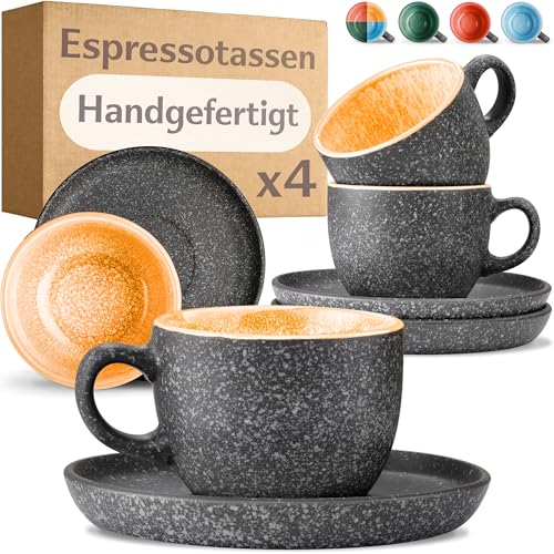 Cosumy Espressotassen mit Untertassen 4er Set - 90 ml Keramik, 𝗗𝗶𝗰𝗸𝘄𝗮𝗻𝗱𝗶𝗴𝗲𝘀 Steingut mit Handgefertigter Reaktiver Glasur - Hält Lange Warm (Gelb) von Cosumy
