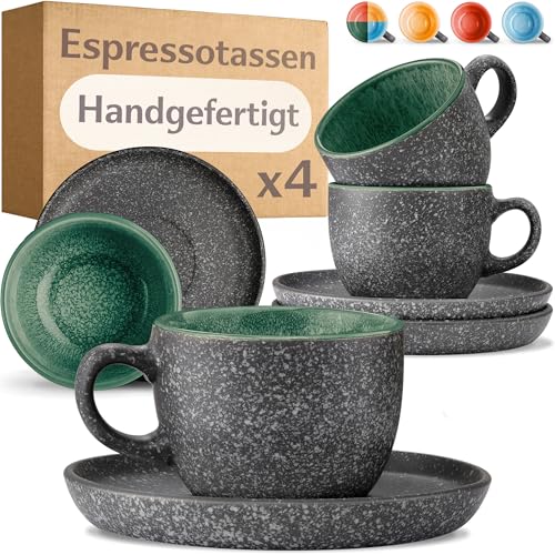 Cosumy Espressotassen mit Untertassen 4er Set - 90 ml Keramik, 𝗗𝗶𝗰𝗸𝘄𝗮𝗻𝗱𝗶𝗴𝗲𝘀 Steingut mit Handgefertigter Reaktiver Glasur - Hält Lange Warm (Grün) von Cosumy