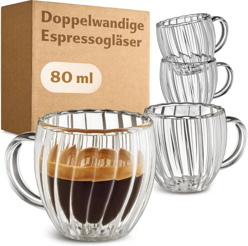 Cosumy Espressoglas Cosumy Doppelwandige Espresso Gläser 80ml - 4er Set mit henkel, Borosilikatglas, Elegantes Riffel-Design mit Schwebeeffekt - Spülmaschinenfest von Cosumy