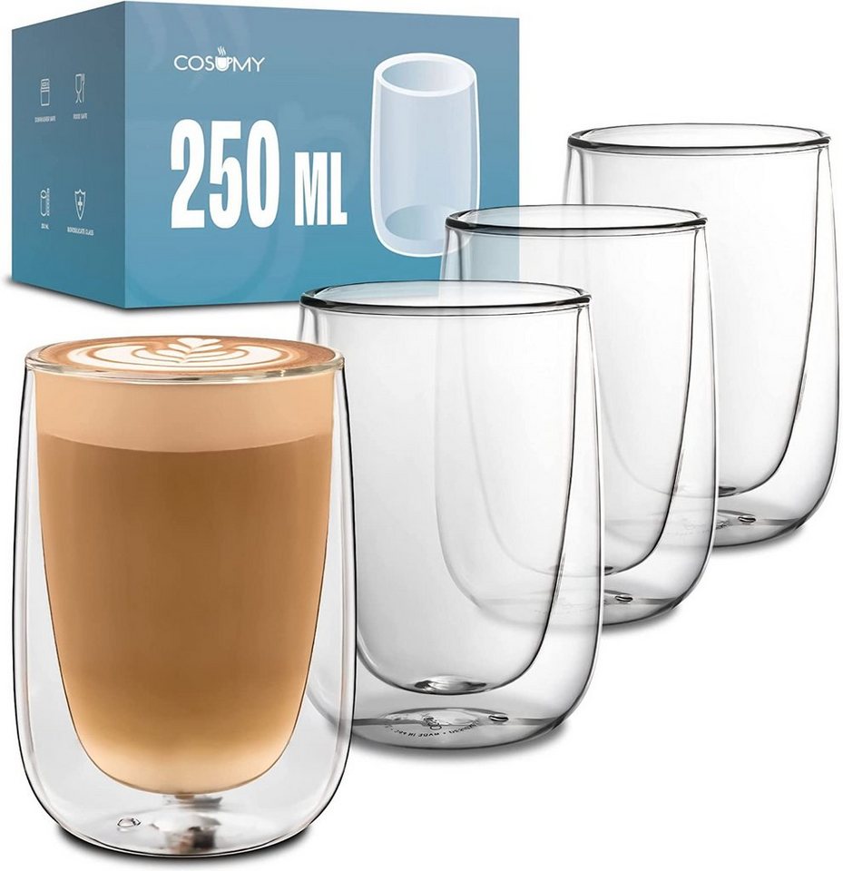 Cosumy Gläser-Set 4 Cappuccino Gläser doppelwandig 250ml, Glas, Cappuccino Thermogläser - für Heiß- und Kaltgetränke von Cosumy