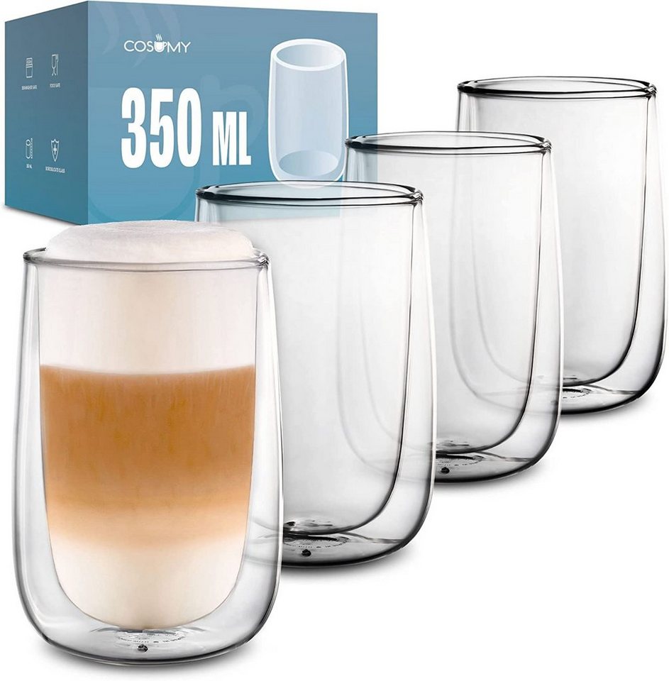 Cosumy Gläser-Set 4 Latte Macchiato Gläser doppelwandig 350ml, Glas, Für Latte Macchiato - Spülmaschinenfest - Hält lange warm von Cosumy