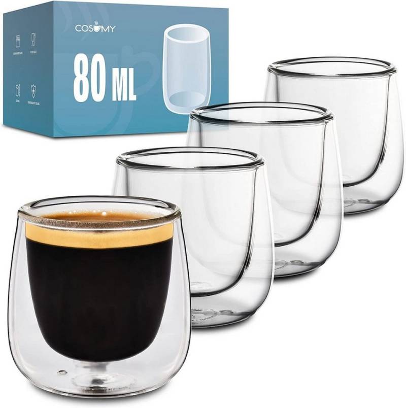 Cosumy Espressoglas 4 doppelwandige Espresso Thermogläser 80ml - Hält lange Warm, Glas, Doppelwandige Gläser - Mundgeblasen - Borosilikatglas von Cosumy
