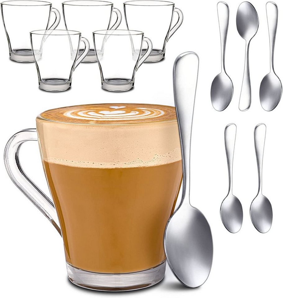 Cosumy Gläser-Set 6 Cappuccino Gläser mit Löffel, Glas, Cappuccino Gläser Set mit Henkel und Löffel - 250 ml - Hält lange warm von Cosumy