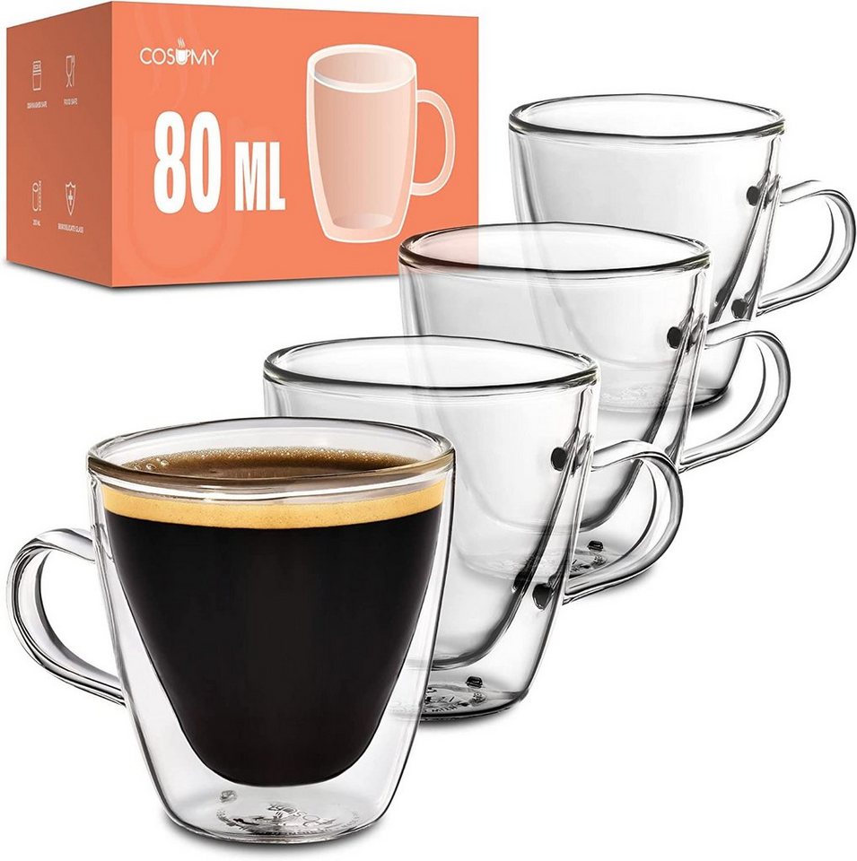 Cosumy Gläser-Set 4 doppelwandige Espressogläser 80ml mit Henkel, Glas, Espressotassen aus Glas mit Henkel - 4er Set von Cosumy