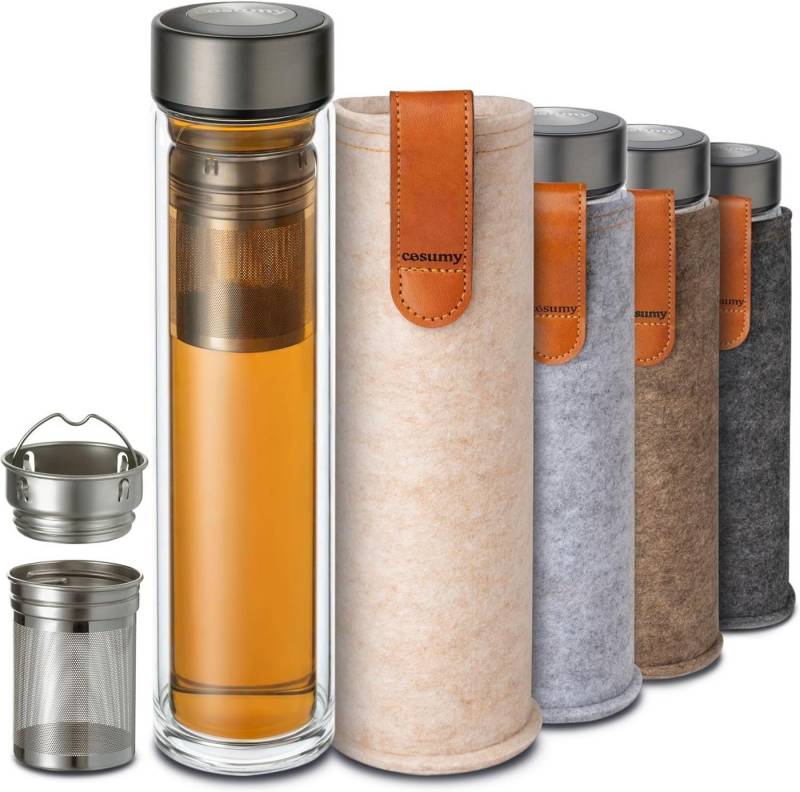 Cosumy Isolierflasche Glas Teeflasche mit Sieb und Beige Tasche, Mit Beigem Filz 500 ml - Glas Trinkflasche & Thermoskanne 0,5 l von Cosumy