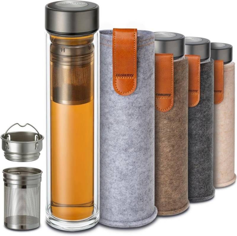 Cosumy Isolierflasche Tee Flasche Glas 500ml Hellgrau Tasche, Mit Hellgrauem Filz 500 ml - Glas Trinkflasche & Thermoskanne 0,5 l von Cosumy