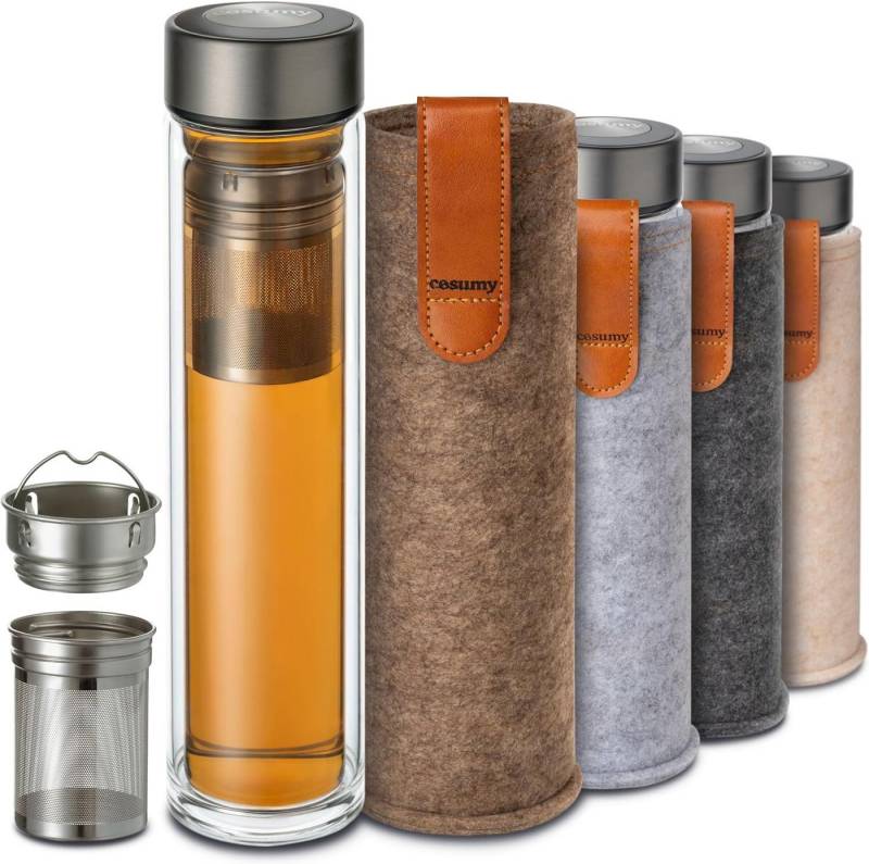 Cosumy Isolierflasche Glas Teeflasche mit Sieb und Sandbraun Tasche, Mit Sandfarben Filz 500 ml - Glas Trinkflasche & Thermoskanne 0,5 l von Cosumy
