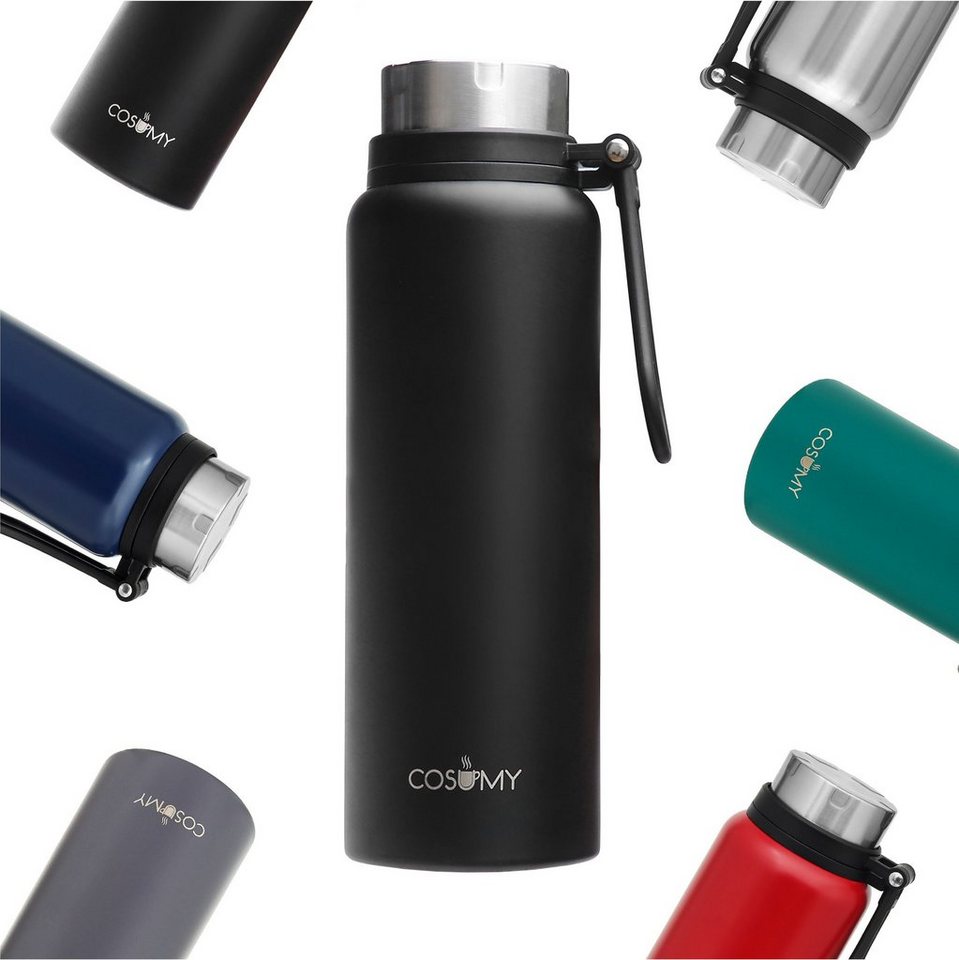 Cosumy Isolierflasche Thermosflasche mit Filter 1l Schwarz, Thermosflasche 1 Liter Auslaufsicher - Tee Flasche To Go Thermoskanne von Cosumy