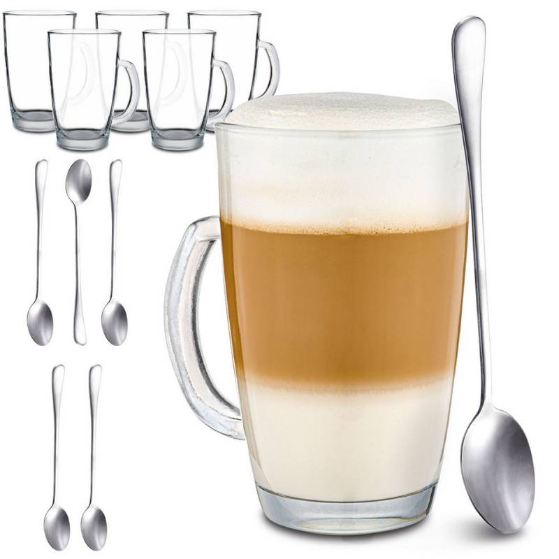 Cosumy Latte-Macchiato-Tasse 6er Latte Macchiato Gläser Set mit Henkel und Löffel - 300ml, Glas, warm von Cosumy
