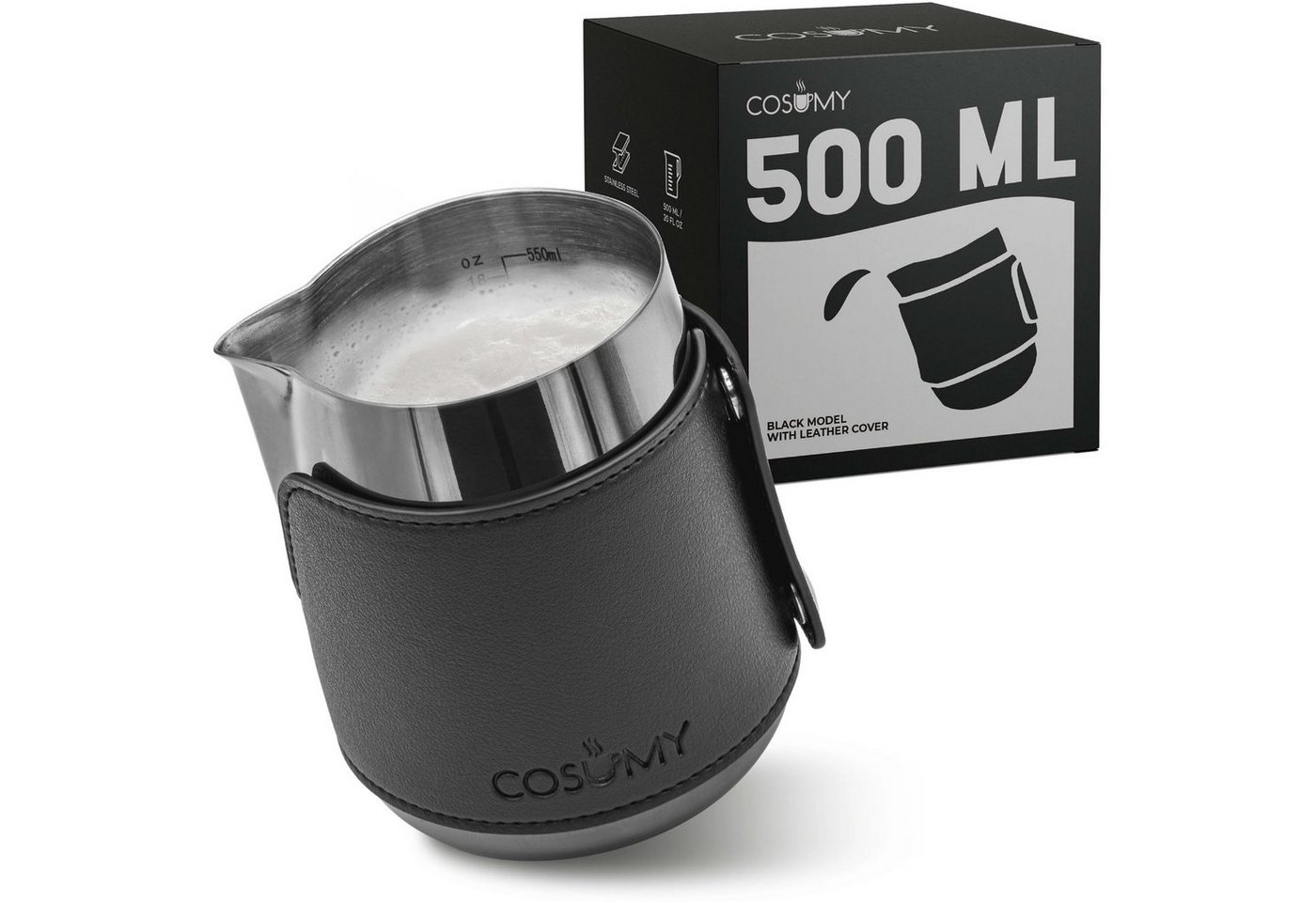 Cosumy Milchkännchen Barista Milchkännchen Edelstahl 500ml mit Lederhülle, 500 l, (Set), Griffloses Design - Messskala im Inneren von Cosumy