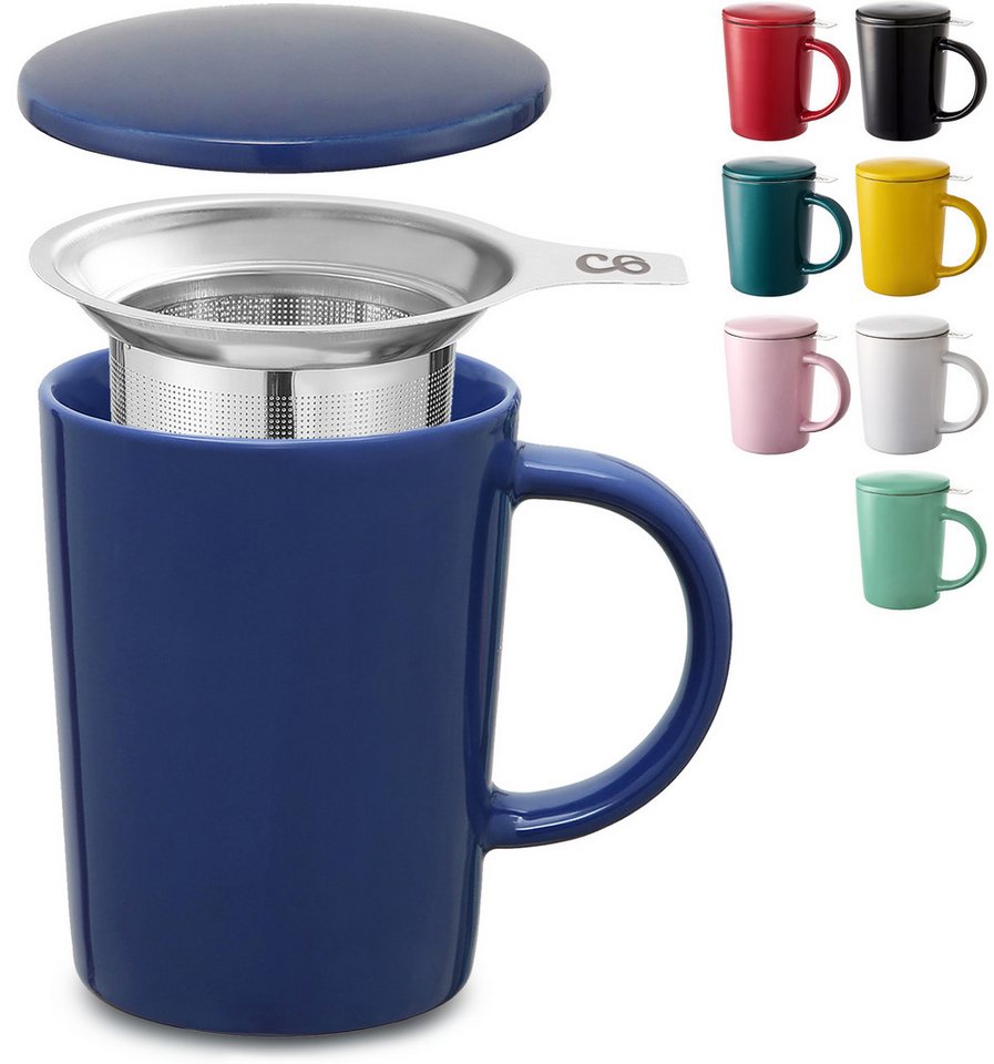 Cosumy Teeglas Teetasse mit Sieb und Deckel 400ml - Jumbotasse, Keramik, Hält Lange warm - 400 ml Groß - Spülmaschinenfest von Cosumy