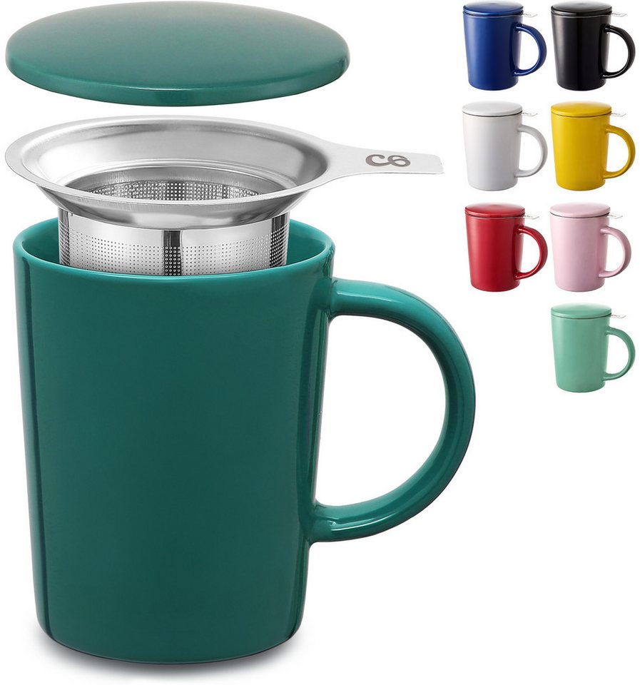 Cosumy Teeglas Teetasse mit Sieb und Deckel 400ml - Jumbotasse, Keramik, Hält Lange warm - 400 ml Groß - Spülmaschinenfest von Cosumy