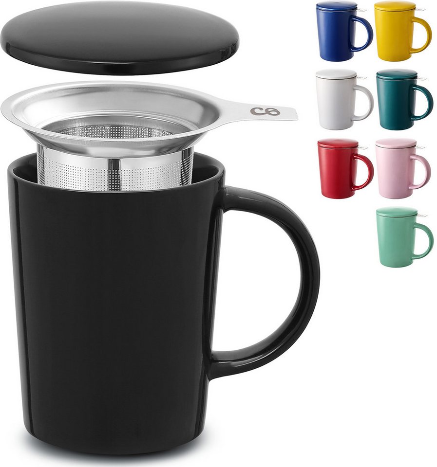 Cosumy Teeglas Teetasse mit Sieb und Deckel 400ml - Jumbotasse, Keramik, Hält Lange warm - 400 ml Groß - Spülmaschinenfest von Cosumy