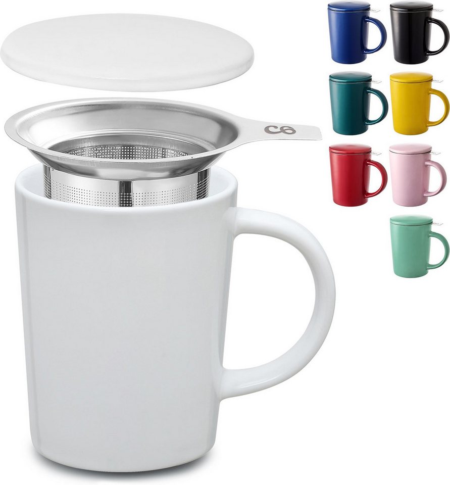 Cosumy Teeglas Teetasse mit Sieb und Deckel 400ml - Jumbotasse, Keramik, Hält Lange warm - 400 ml Groß - Spülmaschinenfest von Cosumy