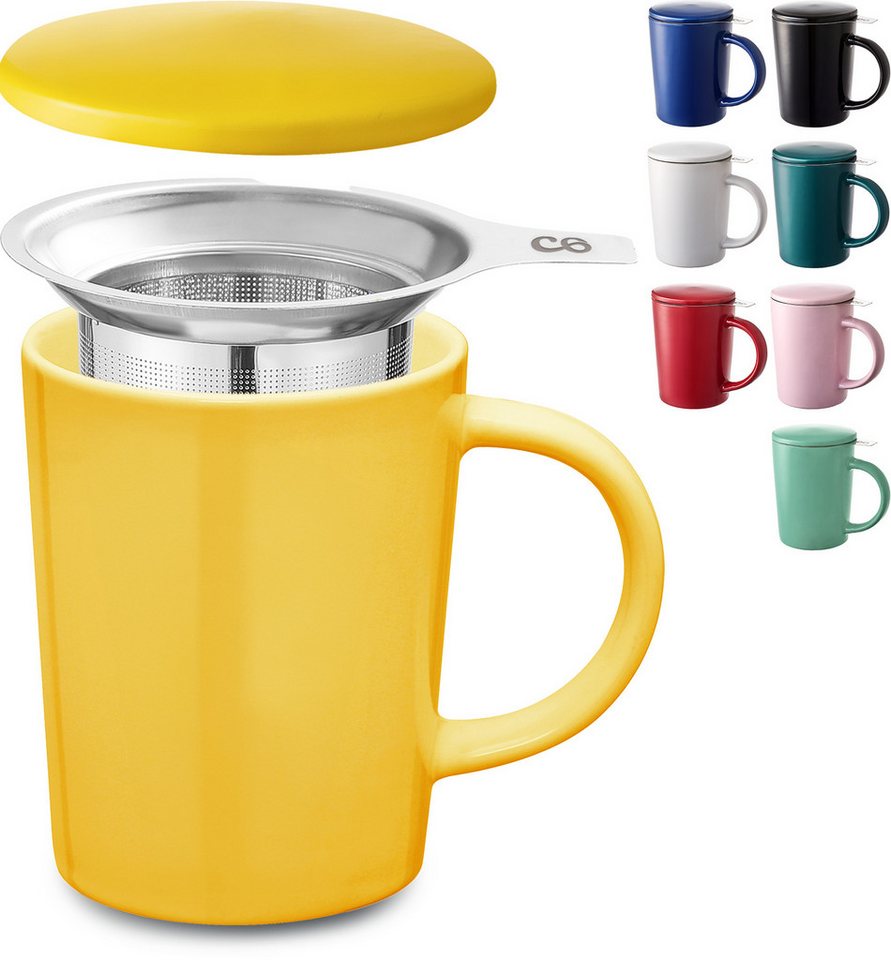 Cosumy Teeglas Teetasse mit Sieb und Deckel 400ml - Jumbotasse, Keramik, Hält Lange warm - 400 ml Groß - Spülmaschinenfest von Cosumy