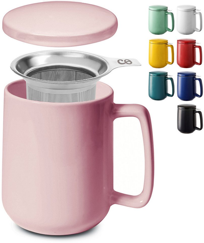 Cosumy Teeglas Teetasse mit Sieb und Deckel 500ml - Jumbotasse, Keramik, Hält Lange warm - 500 ml XXL Groß - Spülmaschinenfest von Cosumy