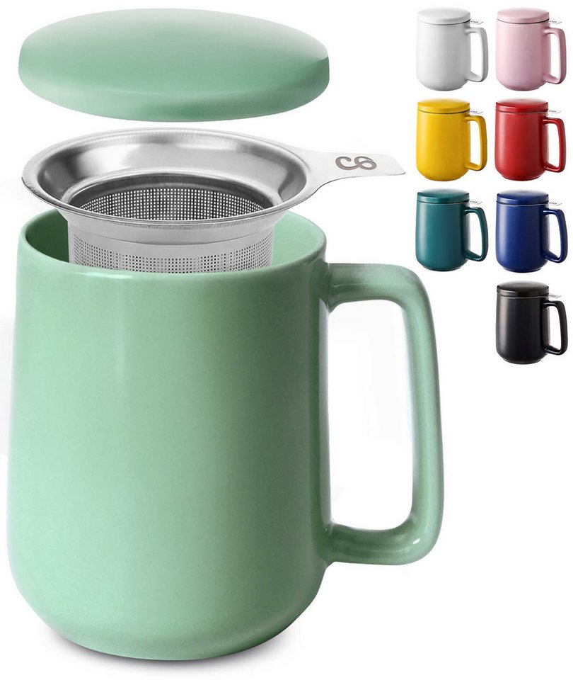 Cosumy Teeglas Teetasse mit Sieb und Deckel 500ml - Jumbotasse, Keramik, Hält Lange warm - 500 ml XXL Groß - Spülmaschinenfest von Cosumy