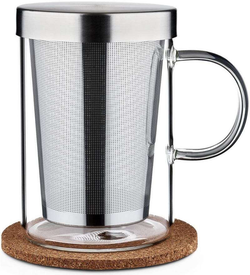 Cosumy Teeglas mit Henkel - Teetasse mit Sieb und Deckel - 400ml Borosilikat Glas, Glas, Zubereiter inkl. Untersetzer - Geschenk Tasse - Feinmaschiger Filter von Cosumy