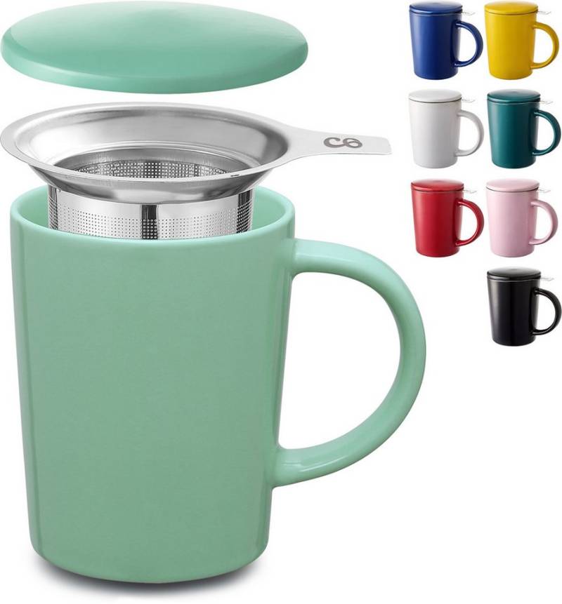 Cosumy Teeglas Teetasse mit Sieb und Deckel Türkis 400ml, Keramik, Hält Lange warm - 400 ml Groß - Spülmaschinenfest von Cosumy
