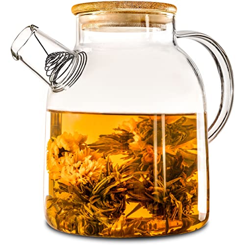 Cosumy Teekanne Glas 1,5 Liter mit Deckel aus Bambus - Filter im Auslauf - Für heiße und kalte Getränke - Spülmaschinenfest, Transparent von Cosumy