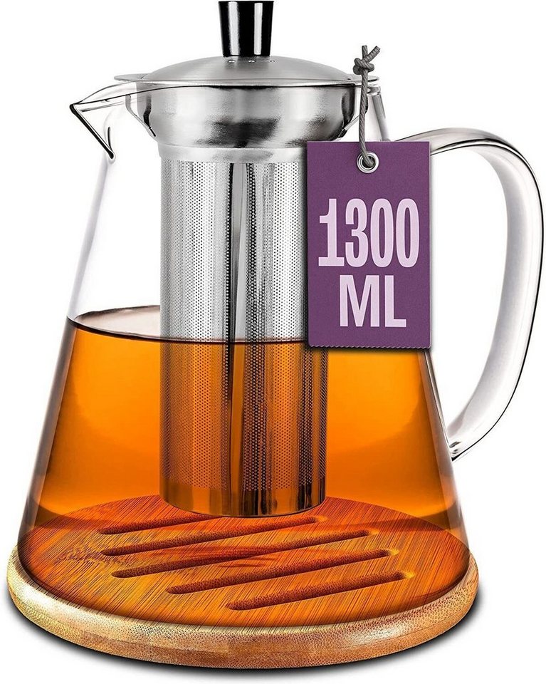 Cosumy Teekanne Teekanne Glas mit Edelstahl Siebeinsatz 1,3 L - Mit Untersetzer, 1300 l, (Set, Teekanne mit Siebeinsatz und Untersetzer), mit Siebeinsatz inkl. Untersetzer - Spülmaschinenfest - Hitzebeständig von Cosumy