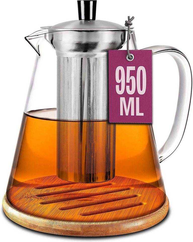 Cosumy Teekanne Teekanne 950 ml mit Filter, 0,95 l, (Set, Teekanne mit Siebeinsatz und Untersetzer), mit Siebeinsatz 950ml inkl. Untersetzer - Spülmaschinenfest - Hitzebeständig von Cosumy