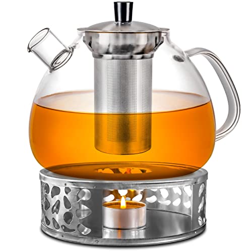 Cosumy Teekanne mit Sieb und Stövchen - 1,5 Liter - Hält Lange warm - Spülmaschinenfest - Glas Teebereiter Groß von Cosumy
