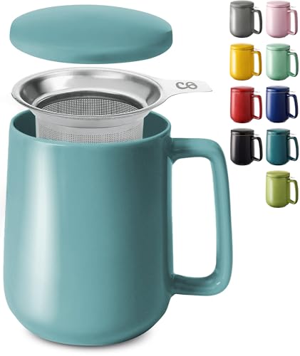 Cosumy Teetasse mit Sieb und Deckel - Keramik Aqua Blau - Hält Lange warm - 500ml XXL Groß - Spülmaschinenfest von Cosumy