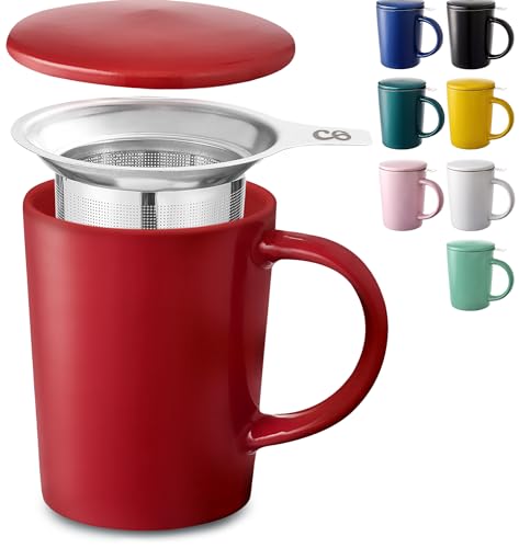 Cosumy Teetasse mit Sieb und Deckel - Keramik Rot - Hält Lange Warm - 400ml Groß - Spülmaschinenfest von Cosumy