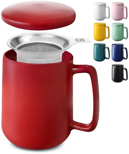 Teetasse mit Deckel und Sieb - 500ml Tee Tasse groß - Keramik Rot - Hält Lange warm - Spülmaschinenfest von Cosumy