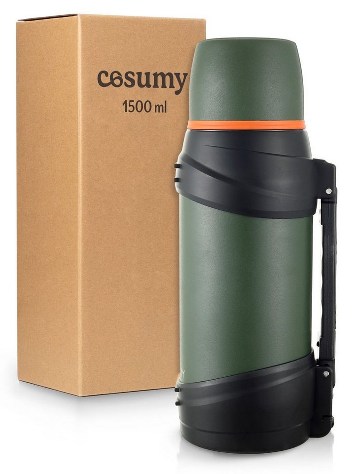 Cosumy Thermobecher Thermosflasche 1,5l mit Becher für Unterwegs - Thermoflasche, Thermos, Edelstahl, Robuster Griff & Tragegurt Isoflasche - 1,5 Liter für Kaffee & Tee von Cosumy