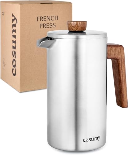 Cosumy French Press aus Edelstahl und FSC Holz - 1 Liter - Doppelwandige Thermo Isolierung - Große Kaffebereiter mit 2 Ersatzfiltern von Cosumy