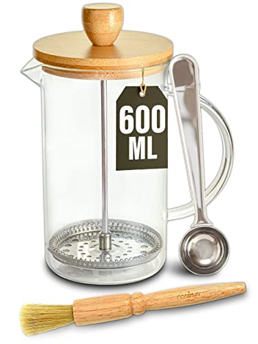 Cosumy French Press aus Glas (0,6 Liter) - Kaffeebereiter für 2 Tassen Kaffee - Mit Dosierlöffel und Reinigungspinsel von Cosumy