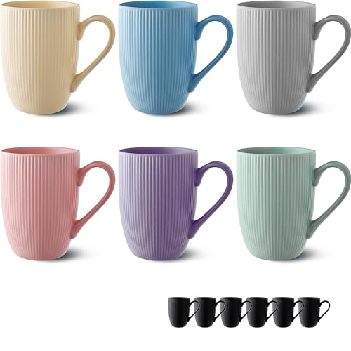 Kaffeetassen 6er Set Modern Bunt Pastellfarben - Einzigartiges Streifenmuster - Matt Keramik - Mikrowellenfest - Spülmaschinenfest & Komfortabler Griff von Cosumy