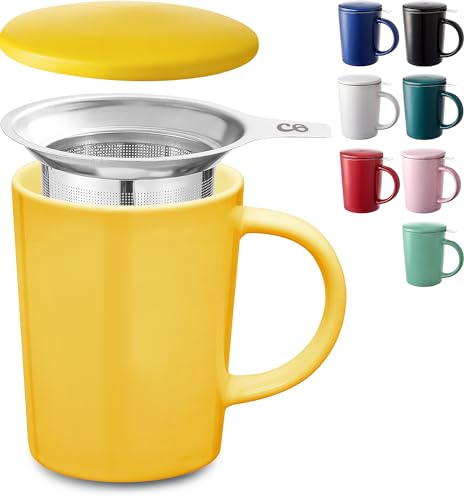 Cosumy Teetasse mit Sieb und Deckel - Keramik Gelb - Hält Lange warm - 400ml Groß - Spülmaschinenfest von Cosumy