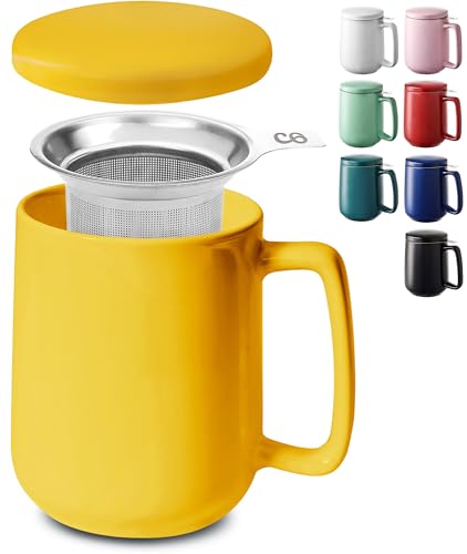 Cosumy Teetasse mit Sieb und Deckel - Keramik Gelb - Hält Lange warm - 500ml XXL Groß - Spülmaschinenfest von Cosumy