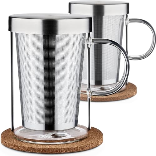 Cosumy Teetasse mit Deckel und Sieb - 2er Set Teeglas mit Sieb & Untersetzer 400ml - Teebecher Groß aus Borosilikat Glas - Feinmaschiger Filter von Cosumy