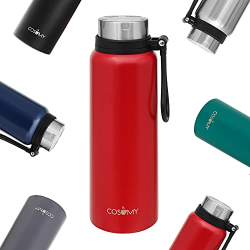 Thermosflasche mit Filter 1l - Doppelwandiger Edelstahl - Auslaufsicher - Kohlensäure geeignet - Ideal für Unterwegs - Rot von Cosumy