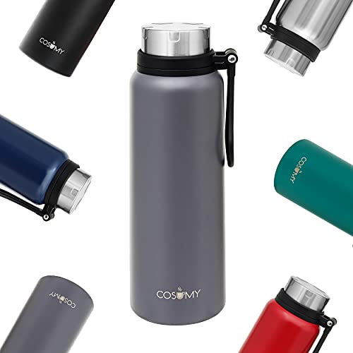 Thermosflasche mit Filter 1l - Doppelwandiger Edelstahl - Auslaufsicher - Kohlensäure geeignet - Ideal für Unterwegs - Grau von Cosumy