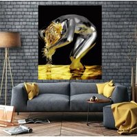 Gold Haarnadel Frau Wandkunst, Abstrakte Flüssige Wanddeko, Moderne Wanddeko, Kunstdruck Gewickelt Auf Rahmen 36x24Inch | 90x60cm von CosxArt