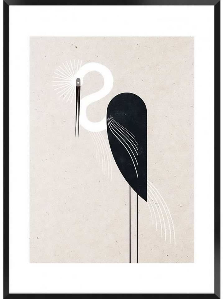 Cosy Home Ideas Bild mit Rahmen Wandbild Vögel japanisch Wanddeko Grafik abstrakt Bild 60x90 cm, Storch (1 Stück), Der Kunstdruck ist laminiert/ beschichtet und somit feucht abwischbar von Cosy Home Ideas