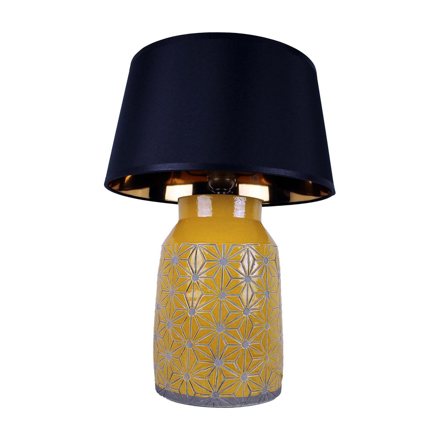 Cosy Home Ideas Nachttischlampe Tischlampe aus Keramik gemustert gelb mit Schirm schwarz, ohne Leuchtmittel, warmweiß, Tischlampe, als Nachttischlampe nutzbar von Cosy Home Ideas