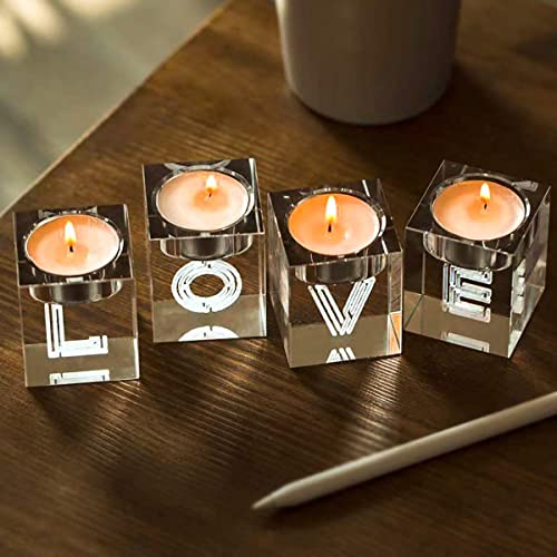 Cosy-YcY 3D-Kristall-Teelichthalter, lasergravierte Kerzenhalter, K9 transparente quadratische Teelichthalter für Tisch, Kandelaber-Tafelaufsatz, Kerzenhalter für Zuhause (LOVE) von Cosy-YcY