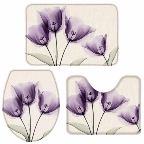CosyBright Badezimmerteppich-Set mit violetten Tulpen, violette Röntgenblumen, Retro, rutschfest, U-förmige Matte und WC-Deckelbezug, wasserabsorbierend, Badematten-Set für Badezimmer, Badewanne CosyBright Badezimmerteppich-Set mit violetten Tulpen, violette Röntgenblumen, Retro, rutschfest, U-förmige Matte und WC-Deckelbezug, wasserabsorbierend, Badematten-Set für Badezimmer, Badewanne von CosyBright