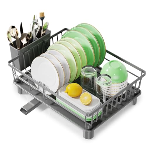 CosyPic Abtropfgestell aus Edelstahl, Abtropfgestell mit Abtropffläche mit intelligentem Drainagesystem, platzsparendes Geschirrsieb für Küchentheke mit Besteckhalter, Grau von CosyPic