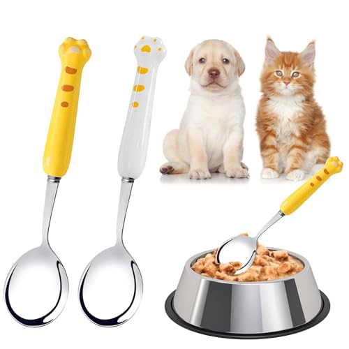 Cosysparks Katzen löffel lang, 2Pcs Edelstahl haustier futter löffel pet can löffel Langer Griff futterlöffel für haustiere für Nassfutter (Gelb und weiß) von Cosysparks