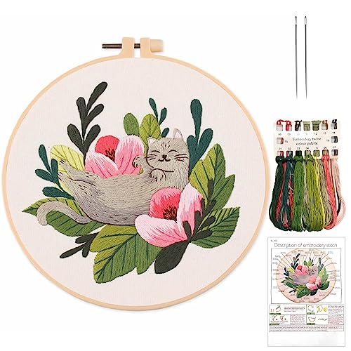 Stickerei Set Anfänger, stickset für anfänger mit Katze und Floral Muster für Anfänger cross stitch kit Handgemachte Nähhandwerk für Erwachsene Stickerei Material Set (Kat1) von Cosysparks