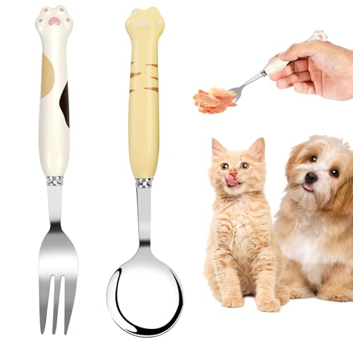 Cosysparks Tierfutterlöffel, Nette Pfote Hundefutter Gabel Haustier Fütterung Löffel Edelstahl Haustier Besteck 2-Stück (Weiß und Gelb) von Cosysparks