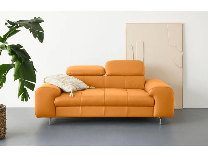 2-Sitzer COTTA Chef , braun (amber), B:196cm H:72cm T:105cm, Softlux-Kunstleder, NaturLeder (echtes Rindsleder), Luxus-Microfaser (100% Polyester), Sofas, Big-Sofa mit Kopfteilverstellung, edle Metallkufen von Cotta