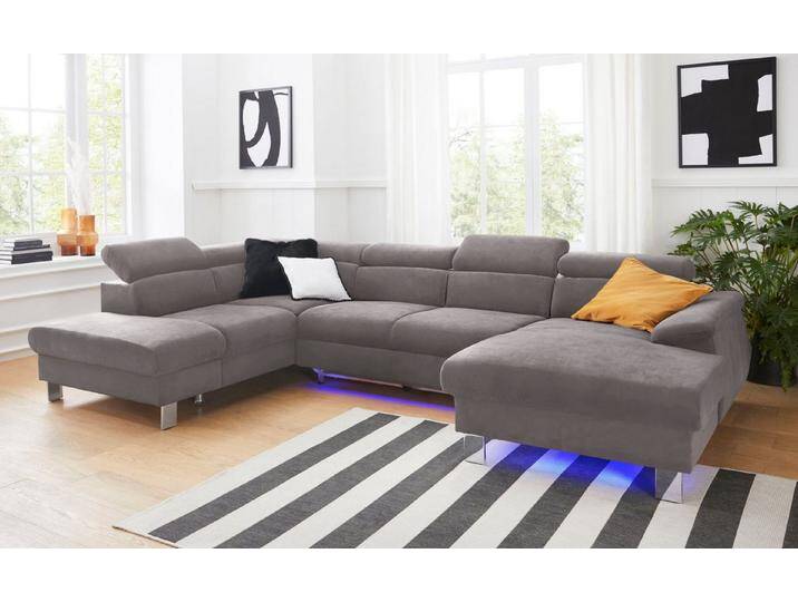 COTTA Polstergarnitur Komaris U-Form, B: 320 bzw. 100 cm (Set: Wohnlandschaft & Hocker), (Set), mit Kopfteilverstellung, Bettkasten & Licht, grau von Cotta